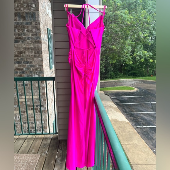 🆕🌸GB Hot Pink Ruched Satin Prom Wedding Party Maxi Dress Evening Size 9 - Picture 5 of 17